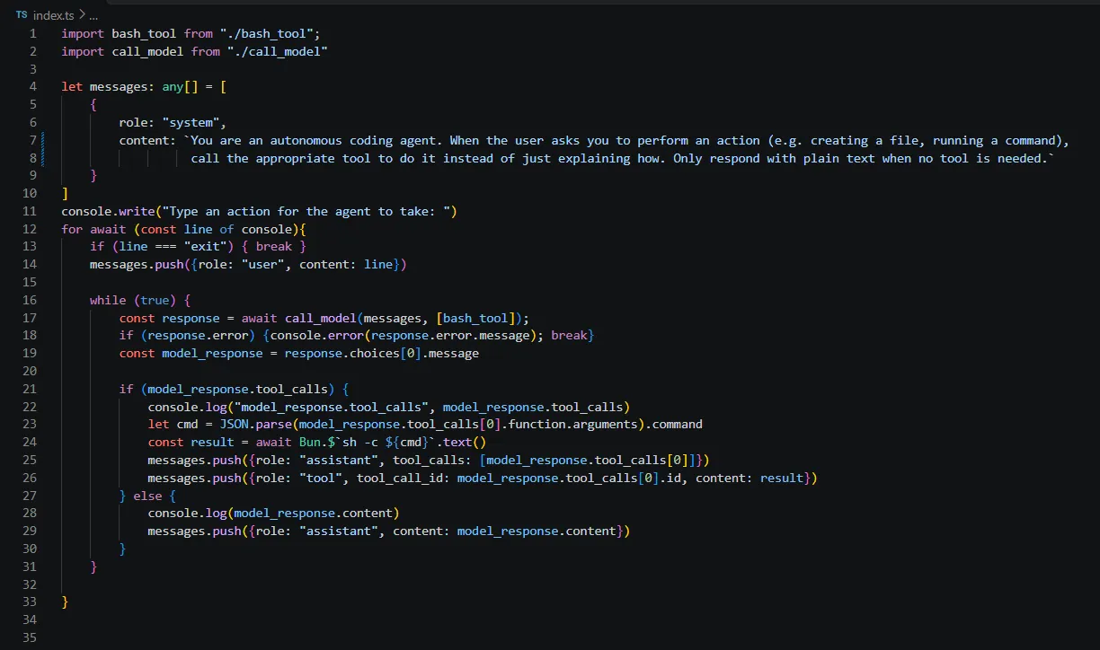 The agent’s main loop in index.ts: about 30 lines of TypeScript